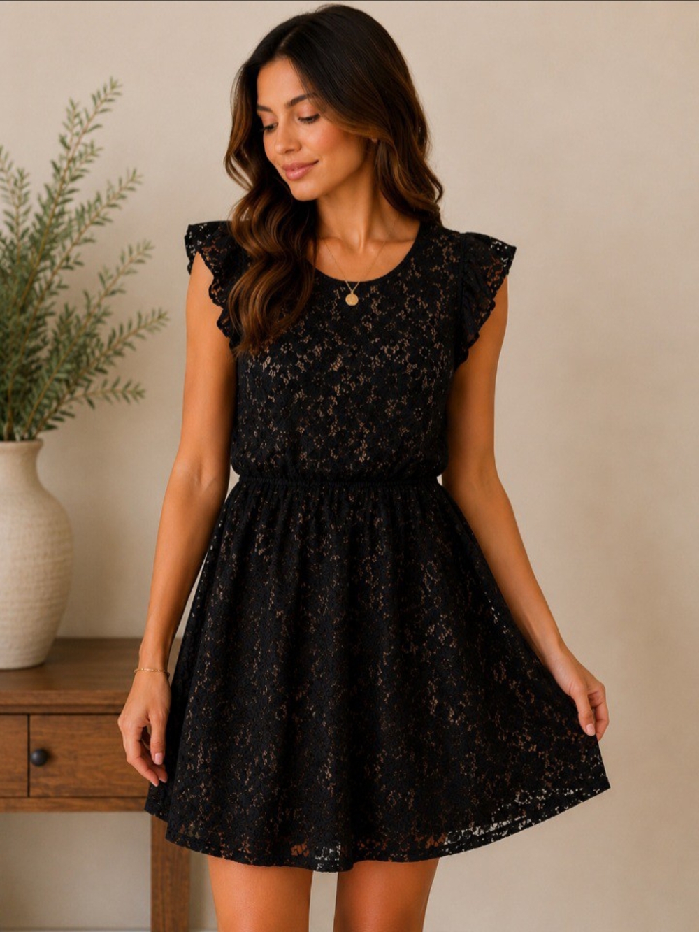 Black Lace Fit & Flare Dress with Gold Built-In Slip | Feminine Cocktail Dress